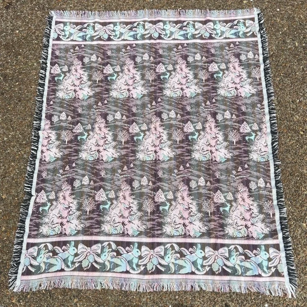 Vintage Winter Woodland Woven Tapestry Throw Blanket Christmas Trees Deer Rabbit